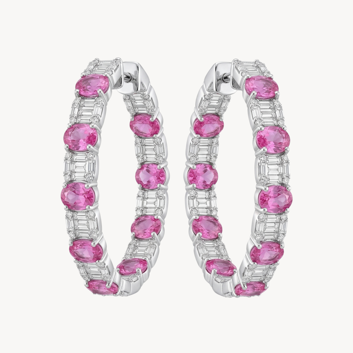 Pink Sapphire Emerald Cut Diamond Hoop Earrings