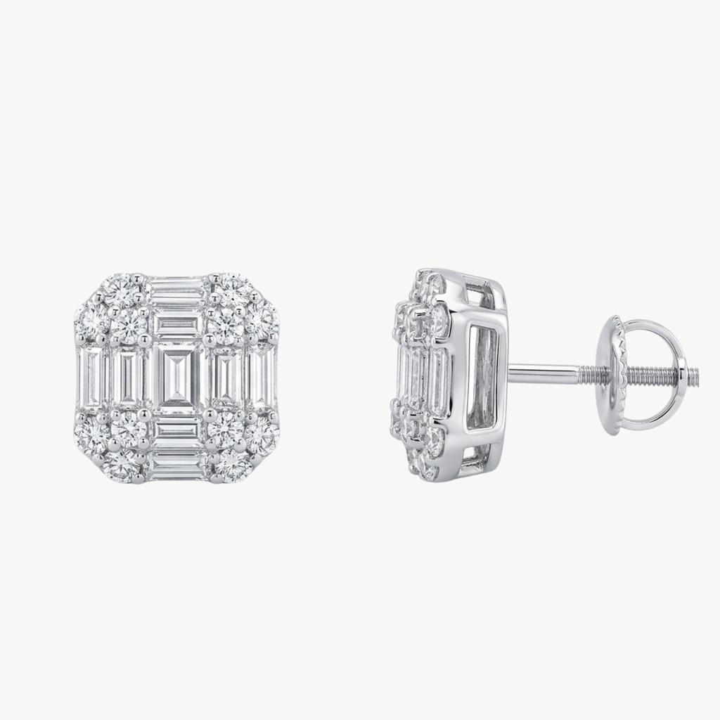 Emerald Cut Diamond Cluster Stud Earrings