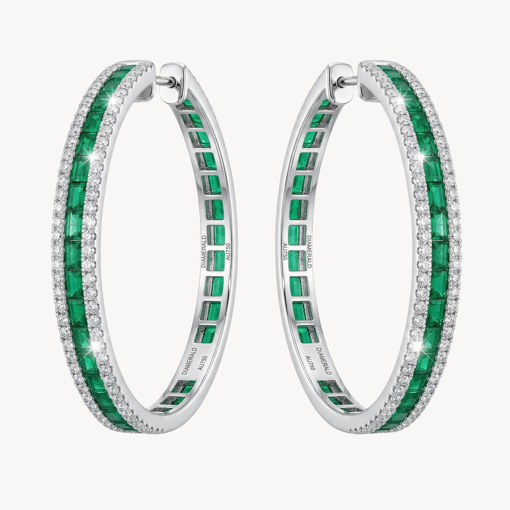 Emerald Diamond Channel Set Hoop Earrings