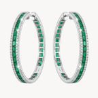 Emerald Diamond Channel Set Hoop Earrings