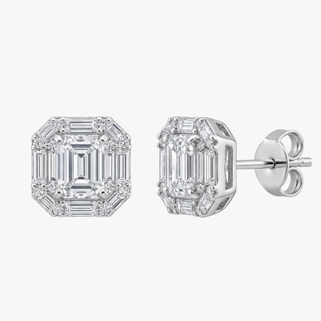 Emerald Cut Diamond Halo Stud Earrings