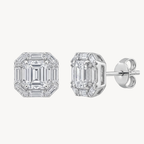 Emerald Cut Diamond Halo Stud Earrings