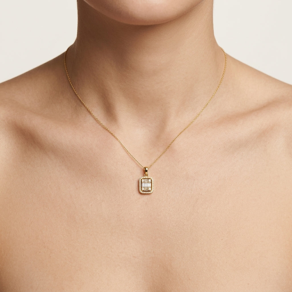 Imperial Diamond Pendant Yellow Gold Diamond worn by model - Vicenza Miami