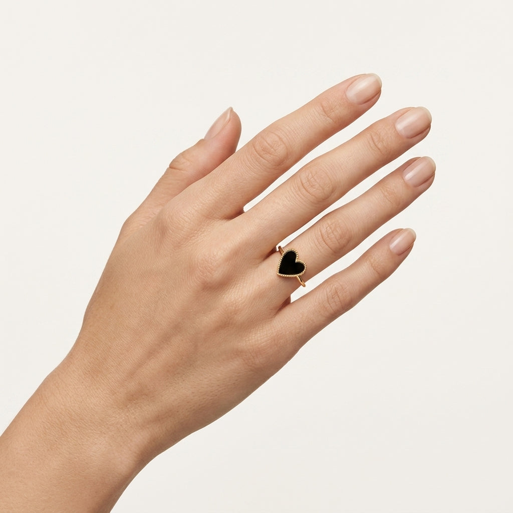 Heart Onyx & Diamond Ring worn by model - Vicenza Miami
