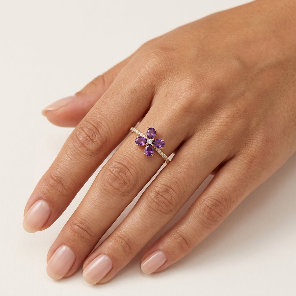 Regal Diamond & Semi precious Ring Yellow Gold Diamond worn by model - Vicenza Miami