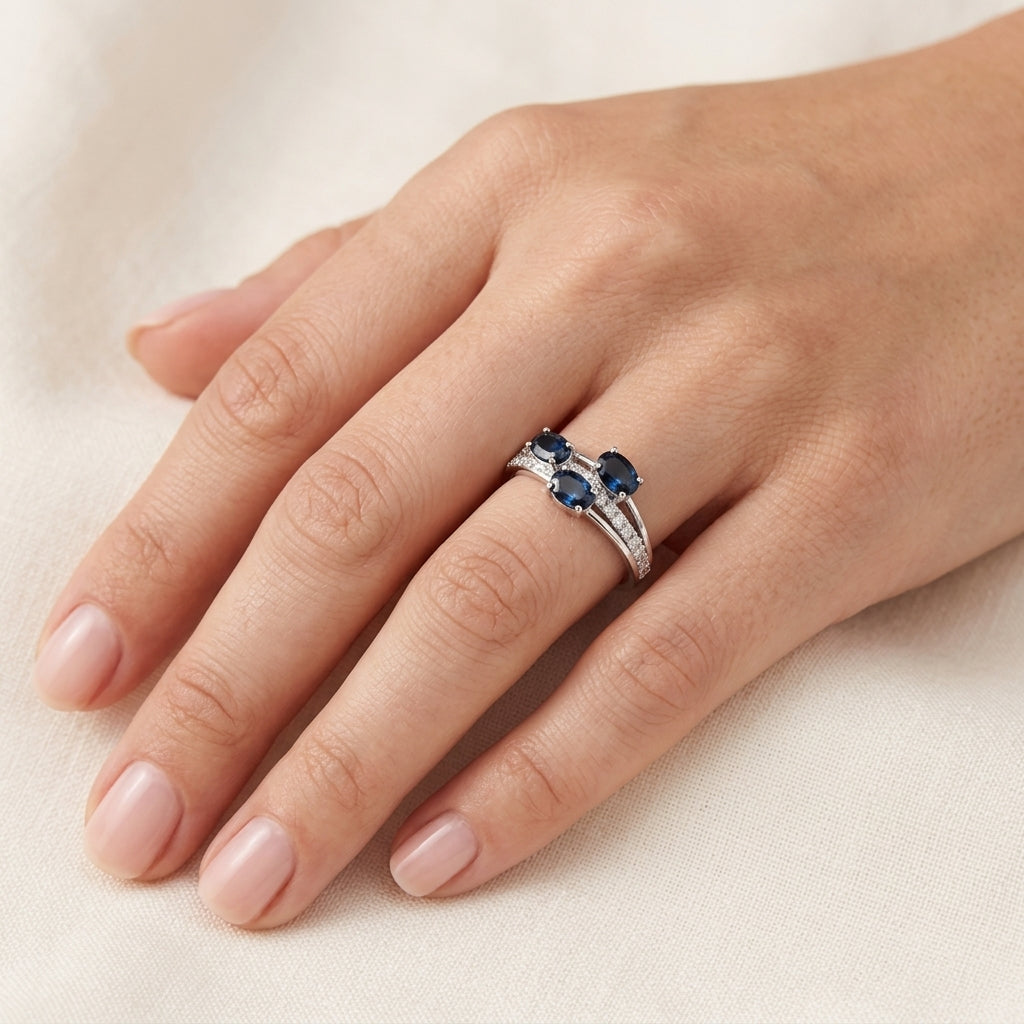 Three Stone Sapphire & Diamond Ring worn by model - Vicenza Miami