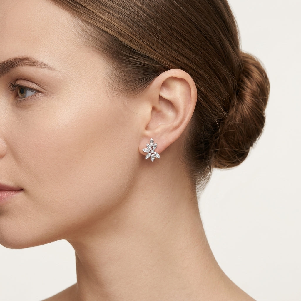 Baguette Diamond Flower Stud Earrings worn by model - Vicenza Miami