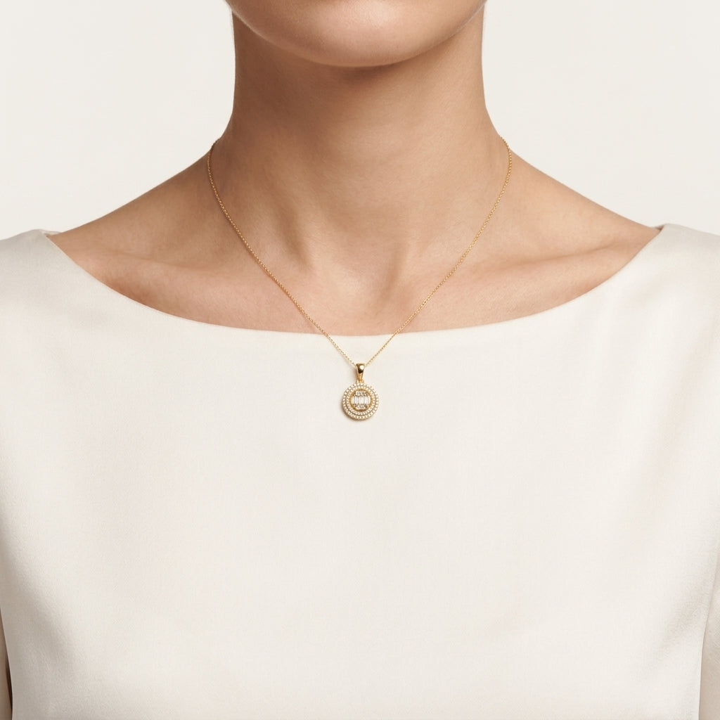 Regal Diamond Pendant Yellow Gold Diamond II worn by model - Vicenza Miami