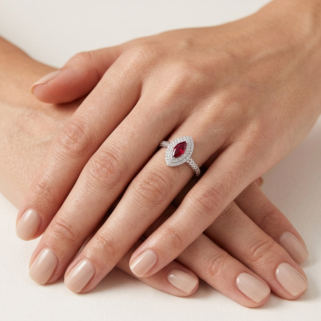 Essence Diamond Ring White Gold Ruby worn by model - Vicenza Miami