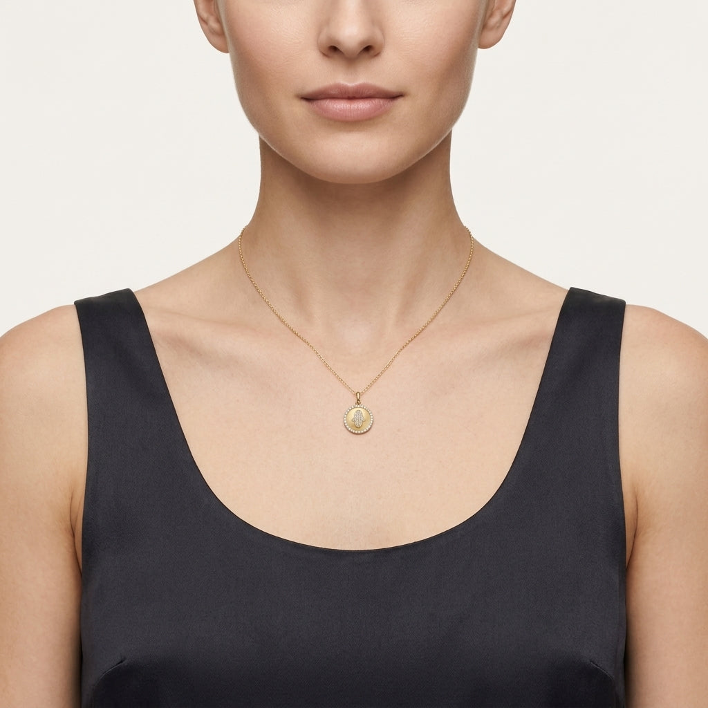 Hamsa Diamond Halo Pendant Necklace worn by model - Vicenza Miami