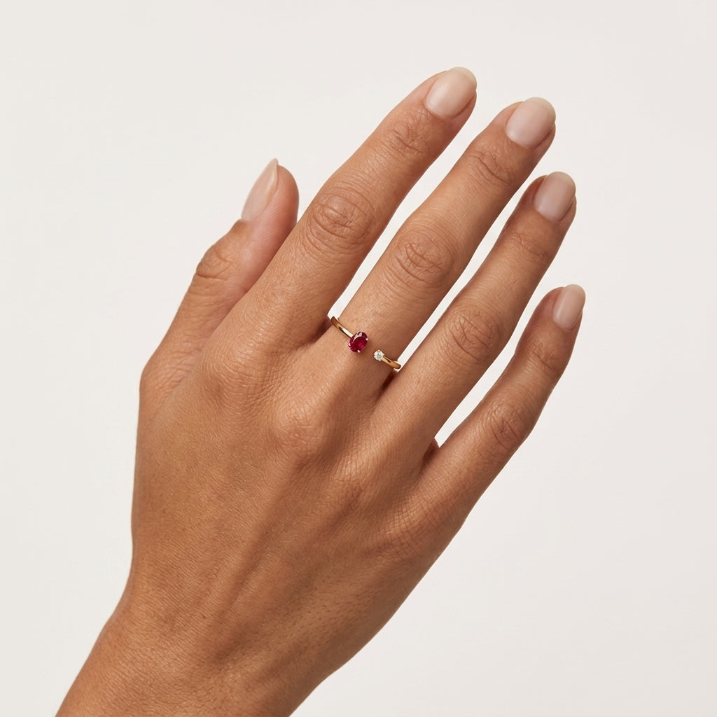 Stately Diamond Ring Yellow Gold Ruby worn by model - Vicenza Miami
