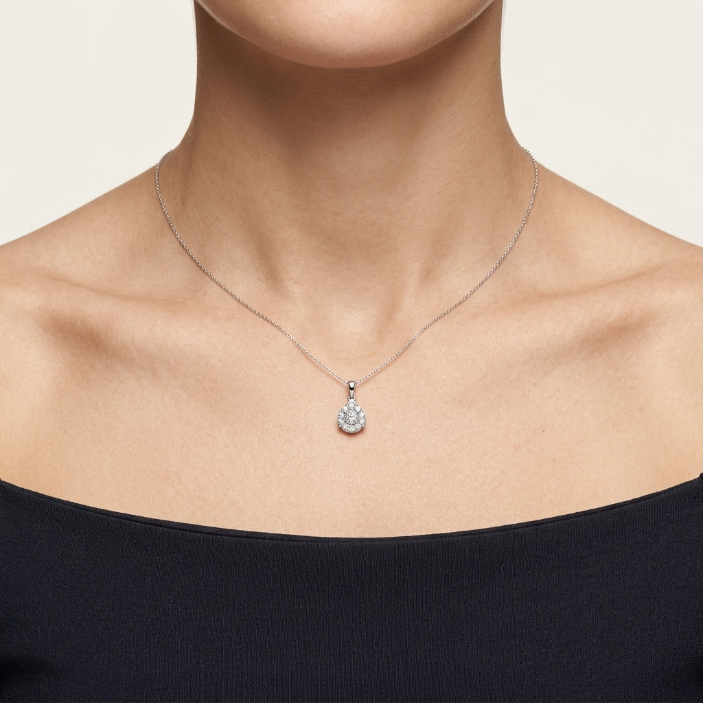Pear Shape Diamond Pendant worn by model - Vicenza Miami