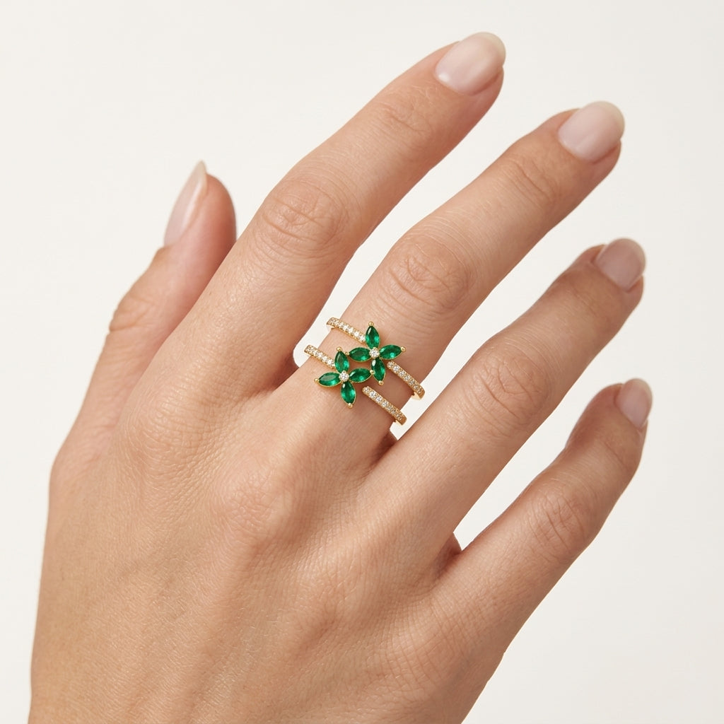Double Row Emerald & Diamond Ring worn by model - Vicenza Miami