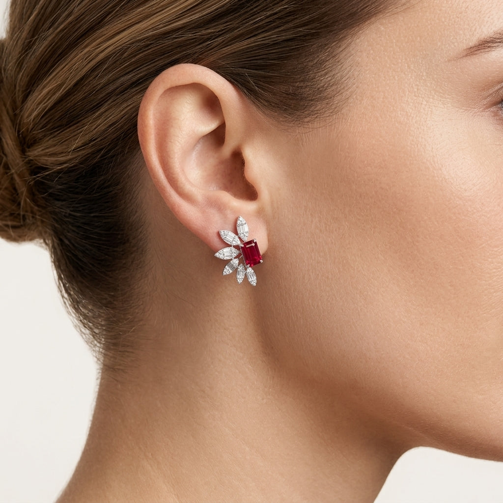 Ruby Diamond Flower Cluster Stud Earrings worn by model - Vicenza Miami