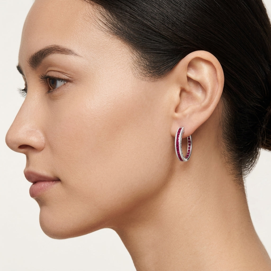 Classic Ruby Diamond Channel Set Hoop Earrings worn by model - Vicenza Miami