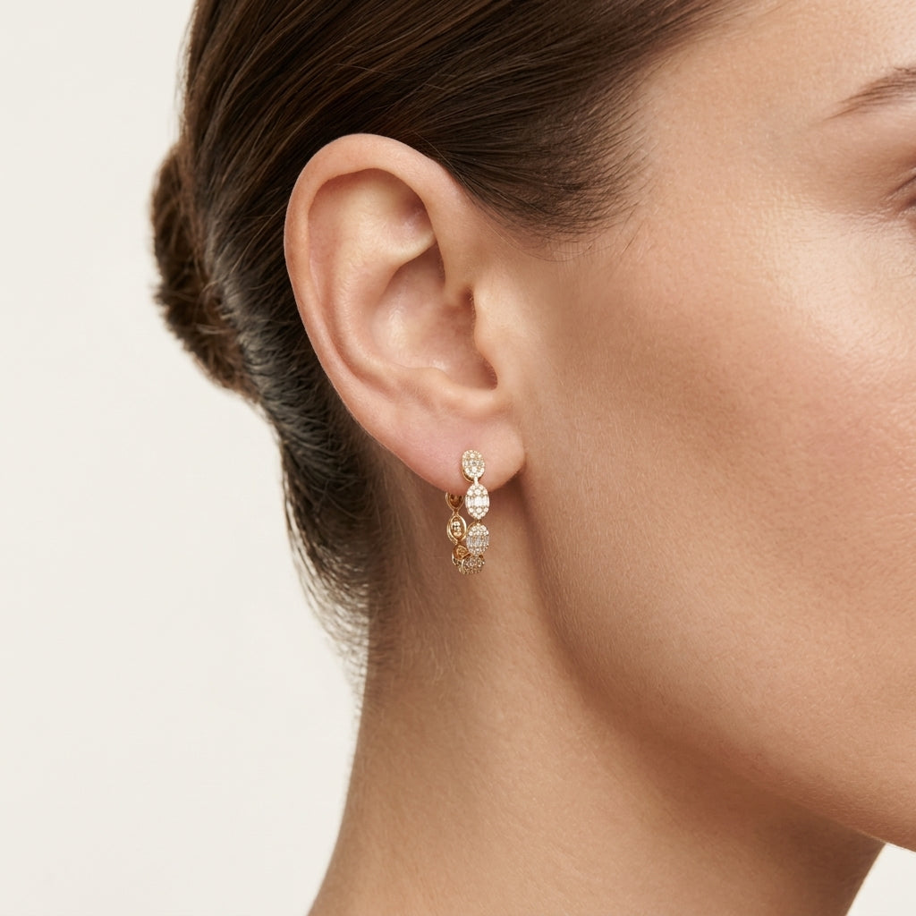 Baguette Diamond Oval Link Hoop Earrings worn by model - Vicenza Miami