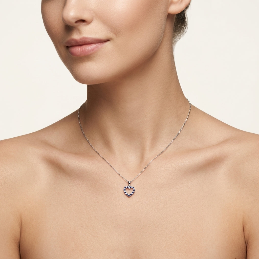 Heart Sapphire & Diamond Pendant worn by model - Vicenza Miami