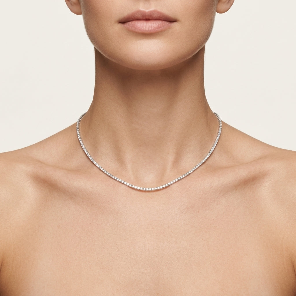 Classic Tennis Necklace worn by model - Vicenza Miami
