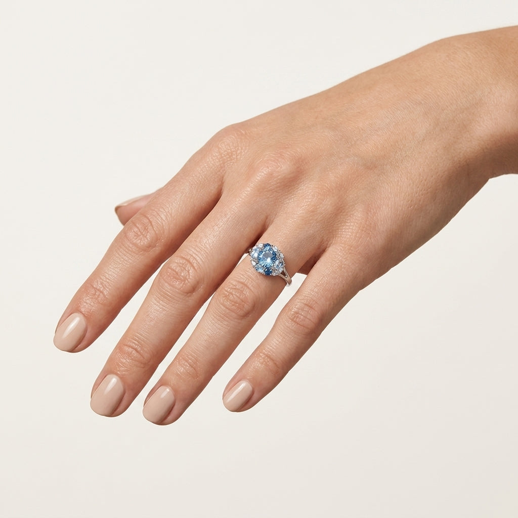 Semi precious & Swiss Blue Topaz Ring worn by model - Vicenza Miami