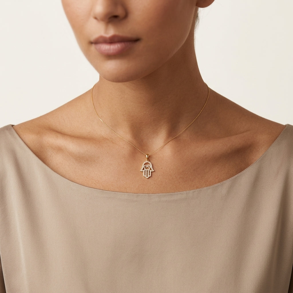 Hamsa Diamond Pendant worn by model - Vicenza Miami