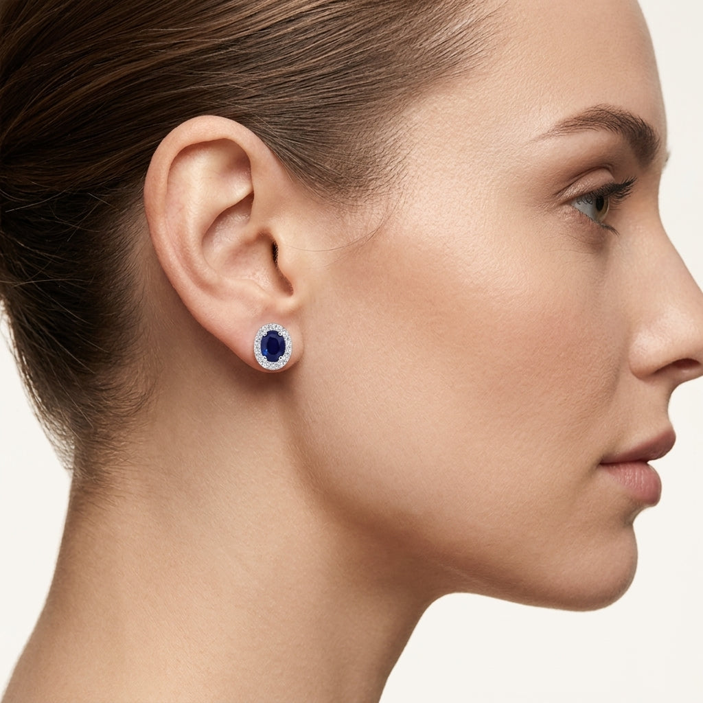 Essence Diamond & Blue Sapphire Earring worn by model - Vicenza Miami