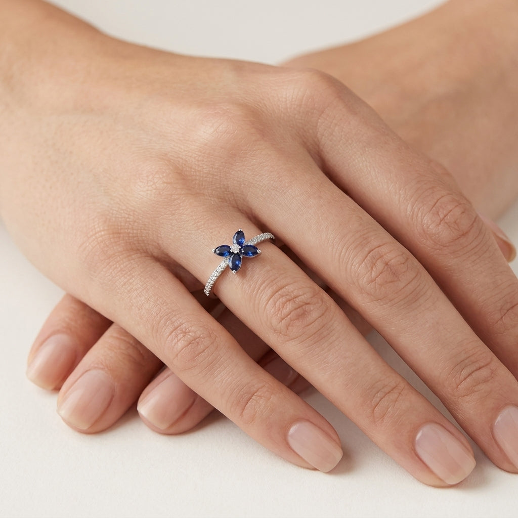 Ornate Blue Sapphire & Diamond Ring worn by model - Vicenza Miami