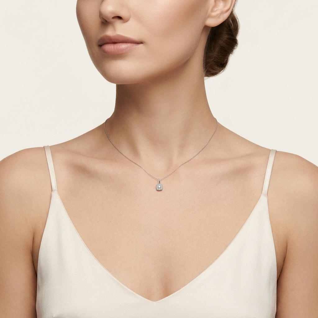 Signature Diamond Pendant White Gold Diamond worn by model - Vicenza Miami