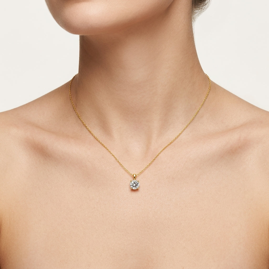 Divine Diamond Pendant Yellow Gold Diamond worn by model - Vicenza Miami