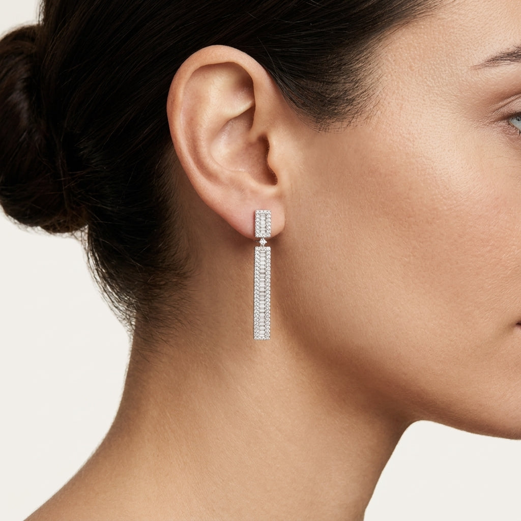 Baguette Diamond Double Drop Earrings worn by model - Vicenza Miami