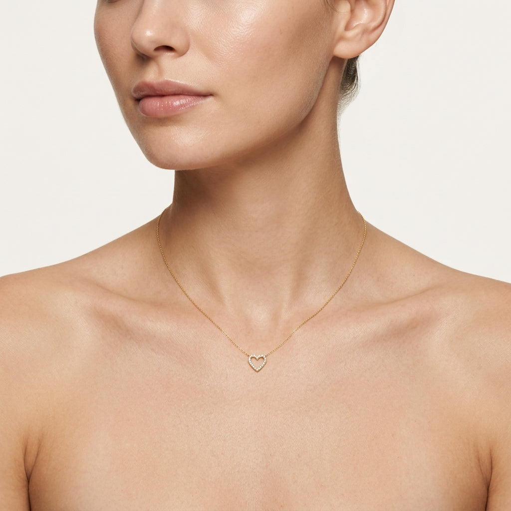 Petite Diamond Pave Heart Pendant worn by model - Vicenza Miami