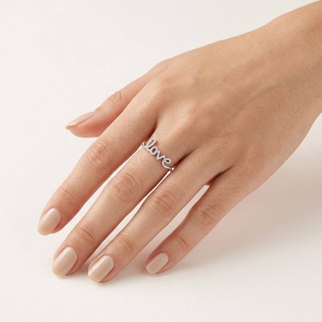 Diamond Pave Love Script Ring worn by model - Vicenza Miami