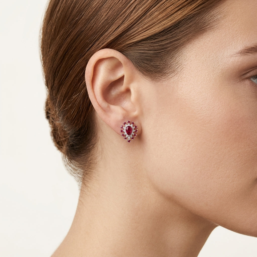 Pear Shaped Ruby Diamond Sunburst Stud Earrings worn by model - Vicenza Miami