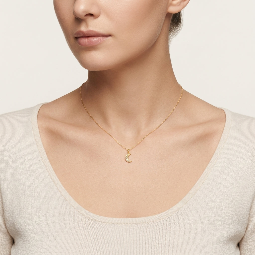 Moon Diamond Pendant worn by model - Vicenza Miami