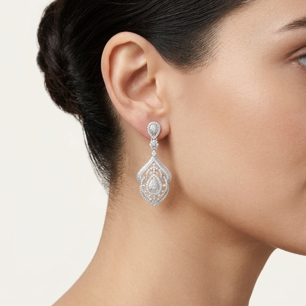 Delicate Diamond Chandelier Drop Earrings worn by model - Vicenza Miami