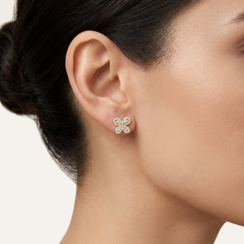 Delicate Diamond Flower Cluster Stud Earrings worn by model - Vicenza Miami