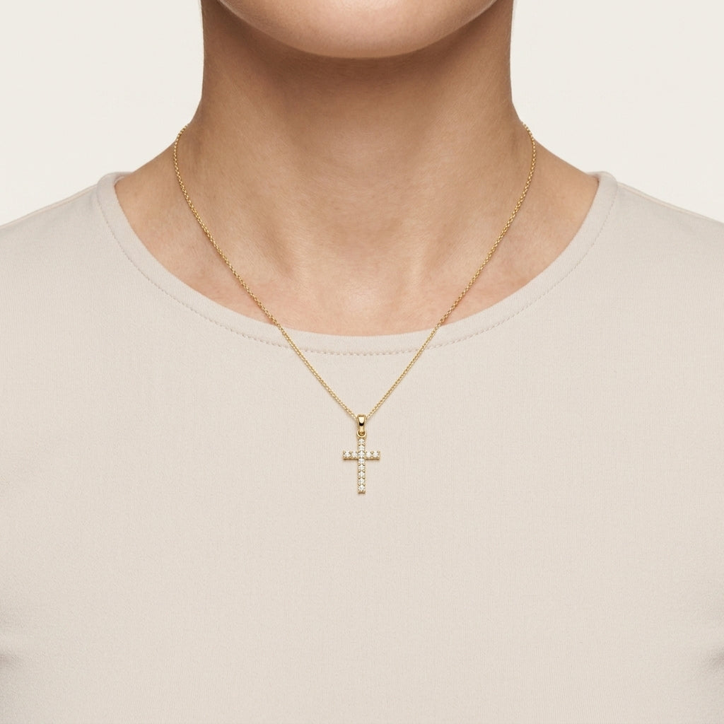 Regal Cross Diamond Pendant worn by model - Vicenza Miami