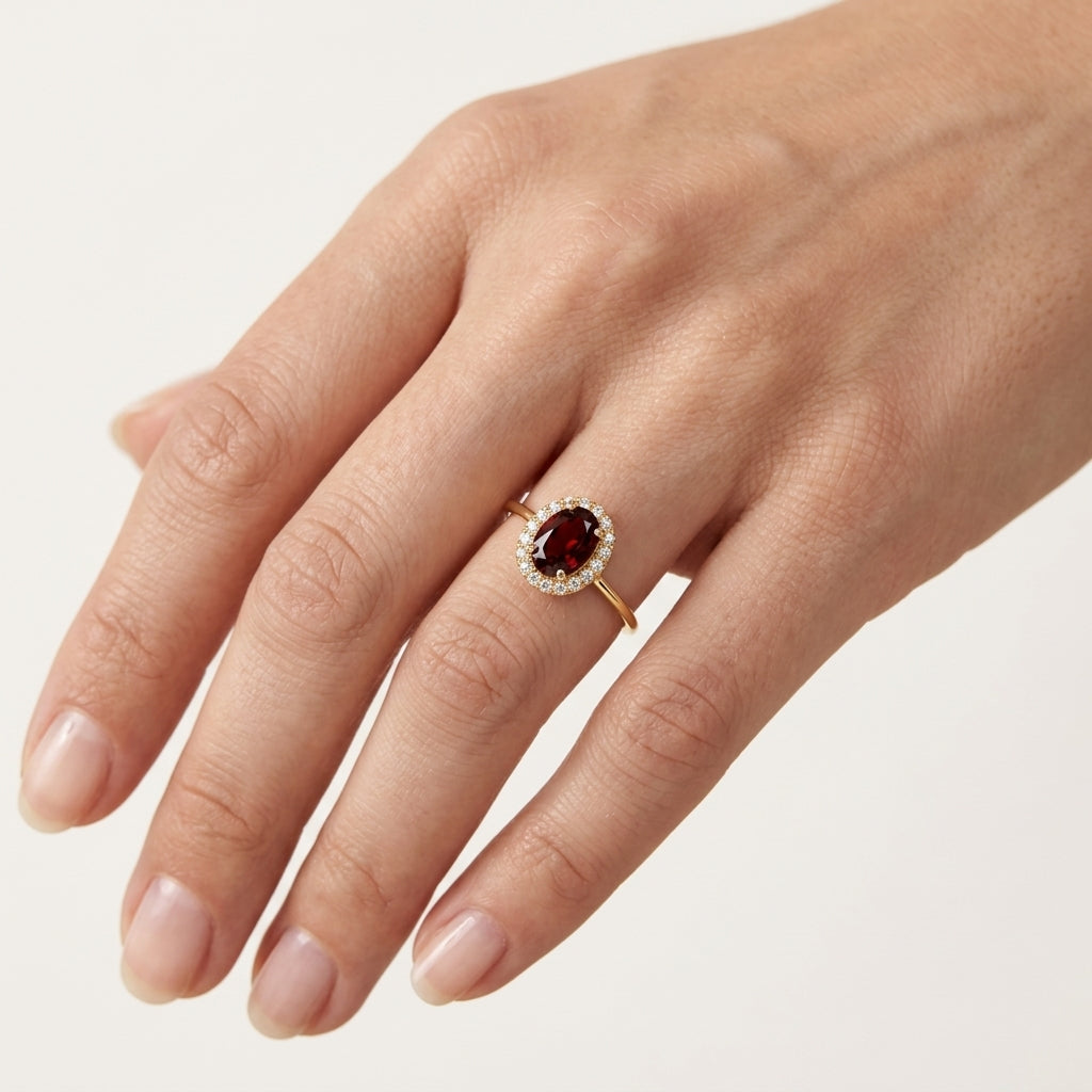 Pristine Diamond & Garnet Ring worn by model - Vicenza Miami