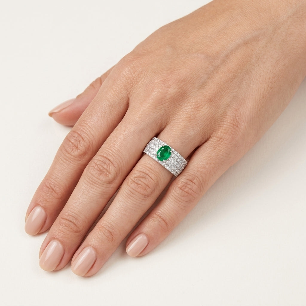 Stately Diamond Ring White Gold Emerald worn by model - Vicenza Miami