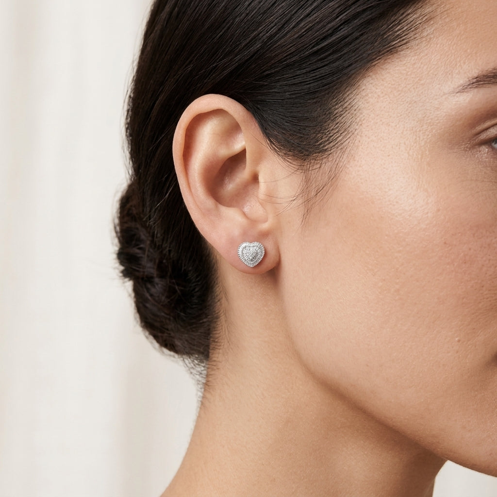 Pavé Heart Tanzanite Earring worn by model - Vicenza Miami