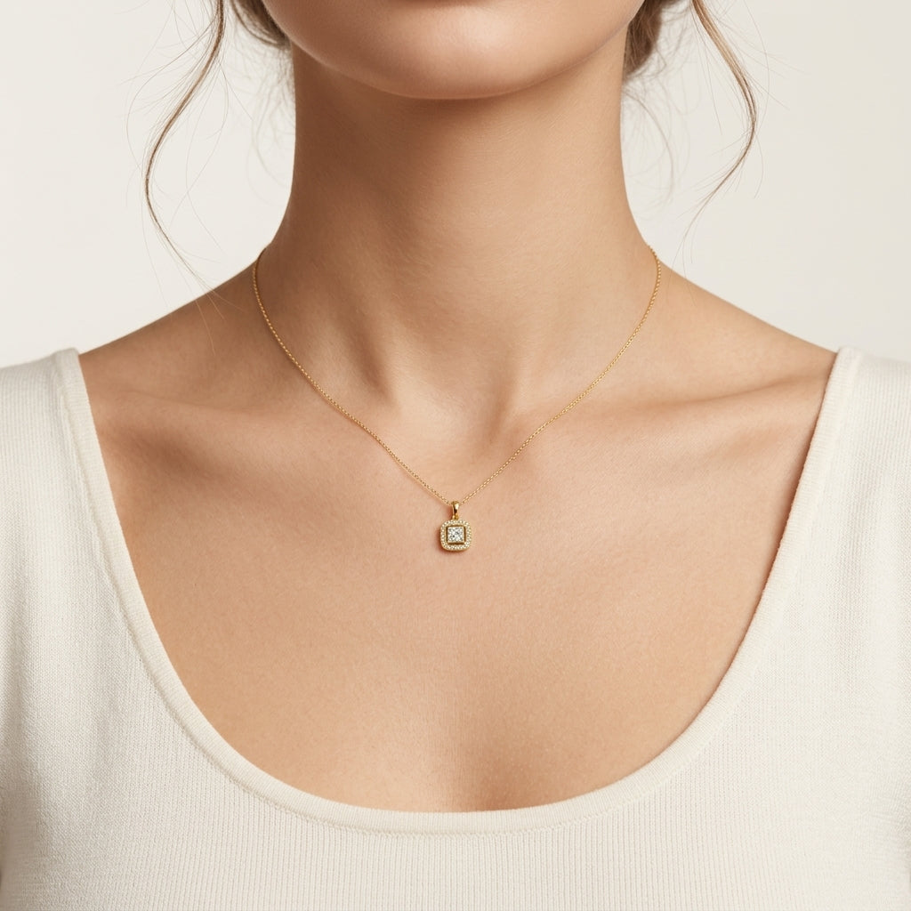 Pristine Diamond Pendant Yellow Gold Diamond I worn by model - Vicenza Miami