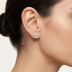 Emerald Cut Diamond Halo Stud Earrings worn by model - Vicenza Miami
