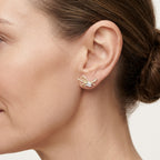 Emerald Cut Diamond Bow Stud Earrings worn by model - Vicenza Miami