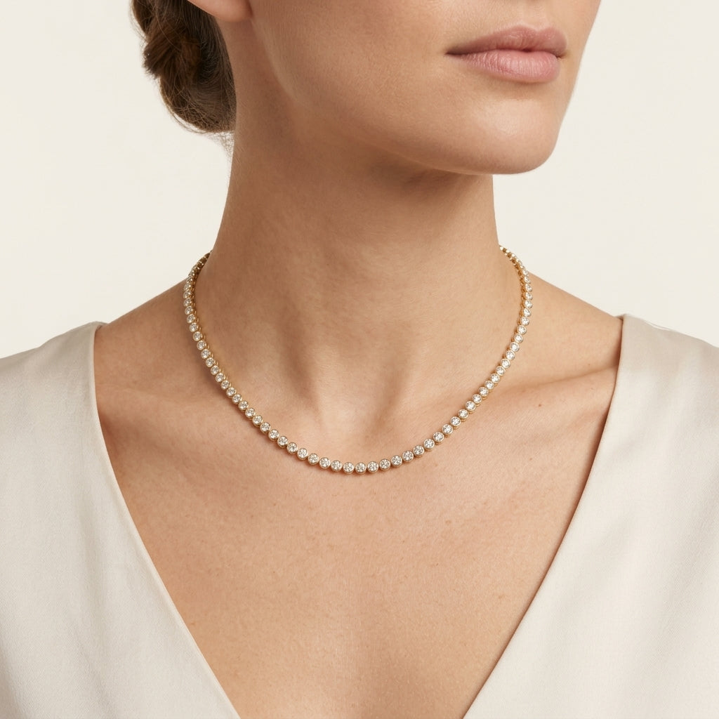 Diamond Bezel Set Tennis Necklace worn by model - Vicenza Miami
