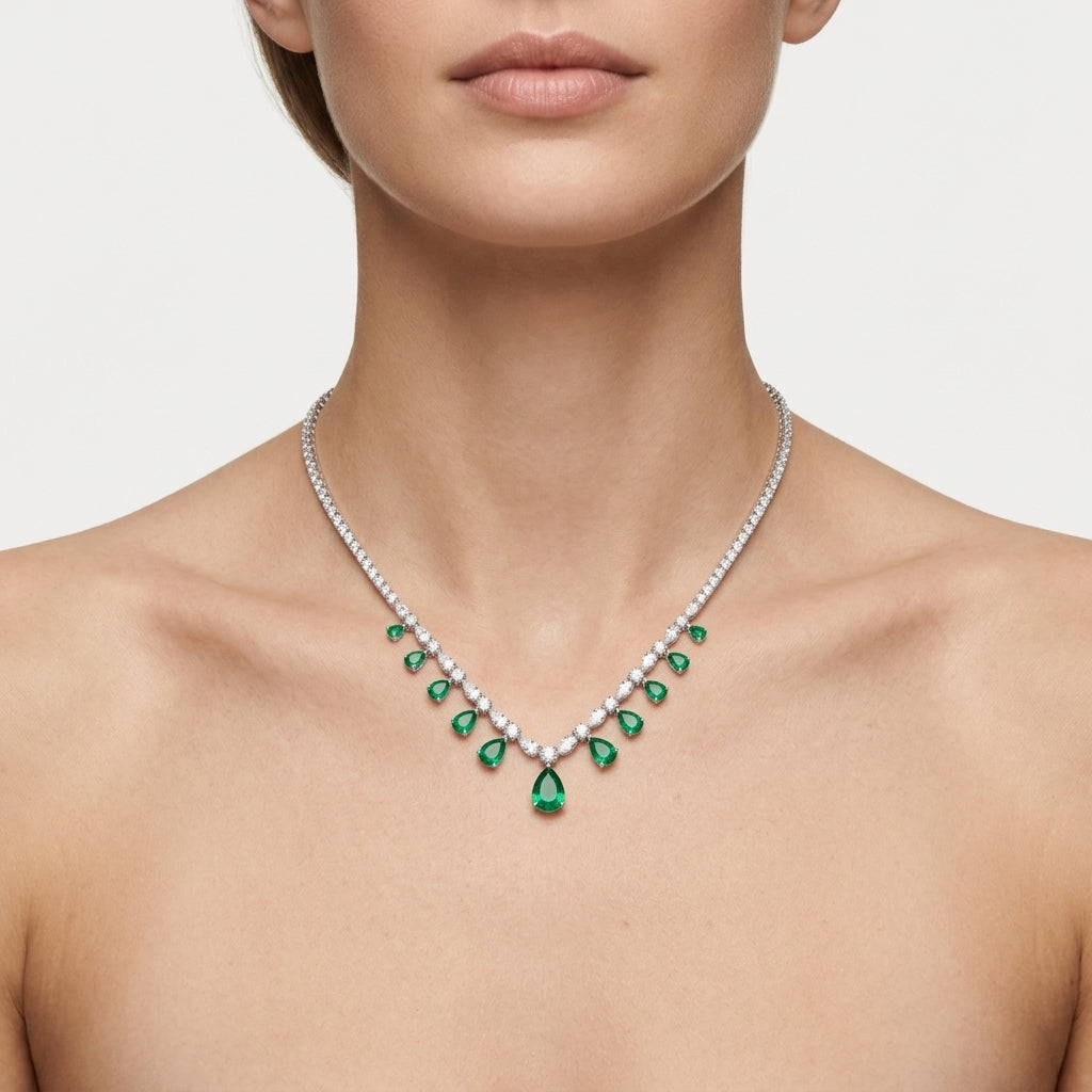 Emerald Pear Drop Diamond Tennis Necklace worn by model - Vicenza Miami