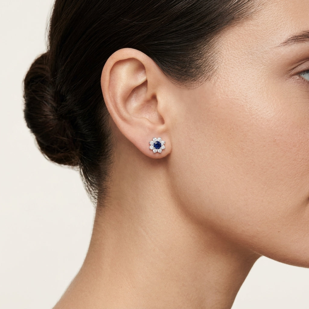 Blue Sapphire Diamond Flower Cluster Stud Earrings worn by model - Vicenza Miami