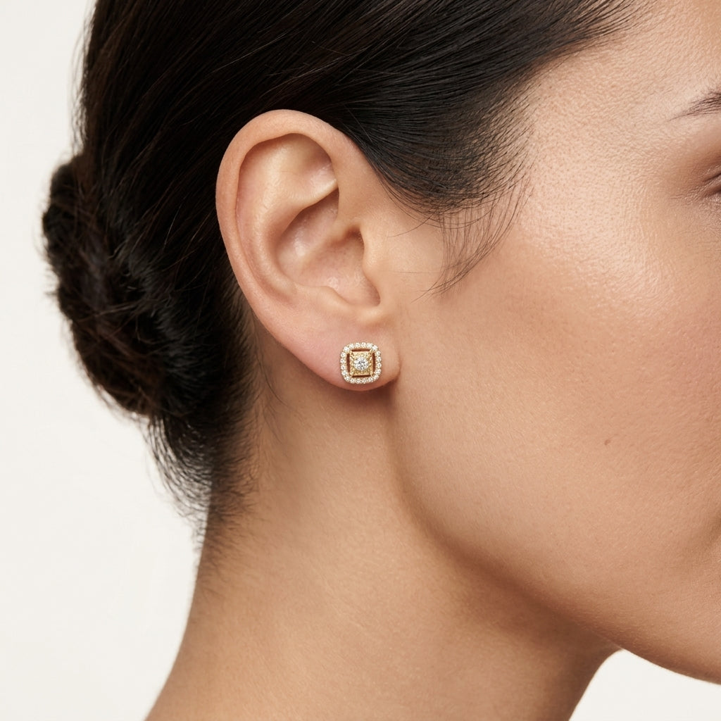 Golden Cushion Diamond Earring worn by model - Vicenza Miami