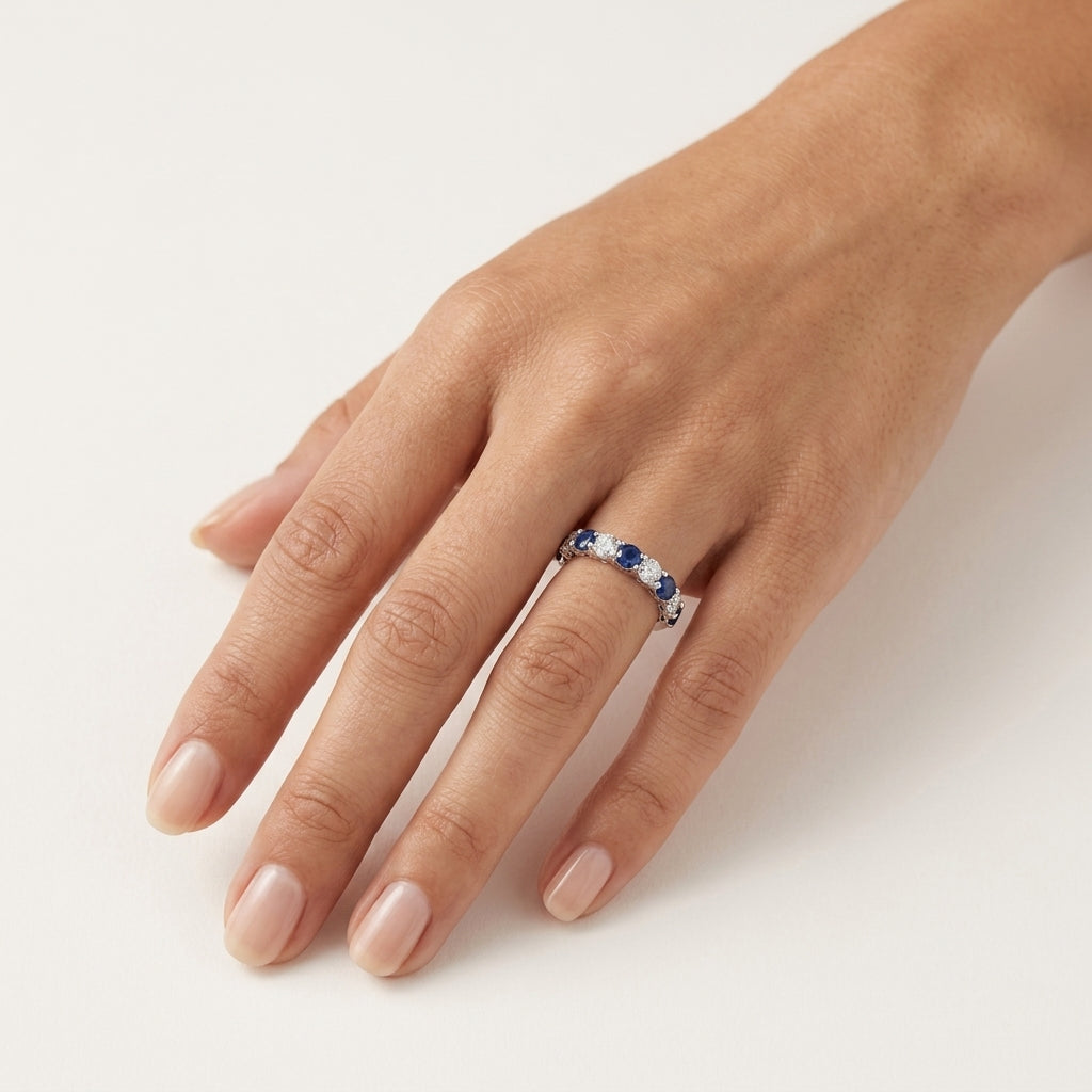 Blue Sapphire Diamond Alternating Band worn by model - Vicenza Miami