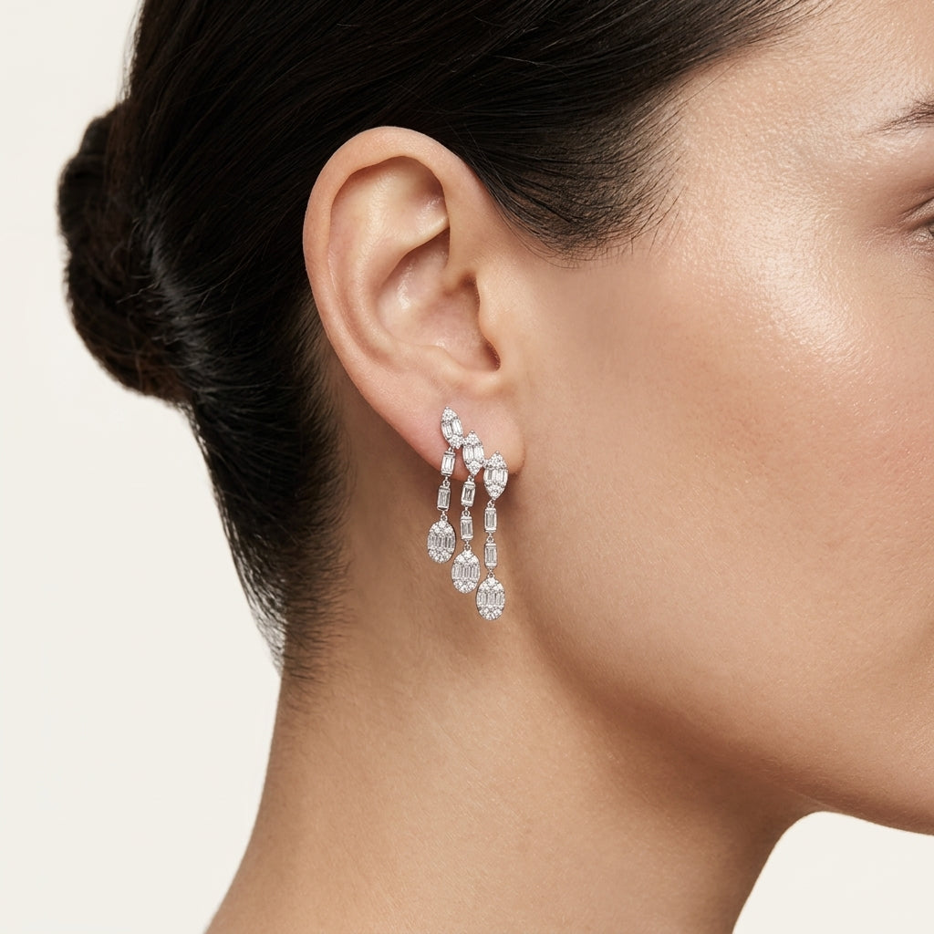 Mixed Cut Diamond Chandelier Drop Earrings worn by model - Vicenza Miami