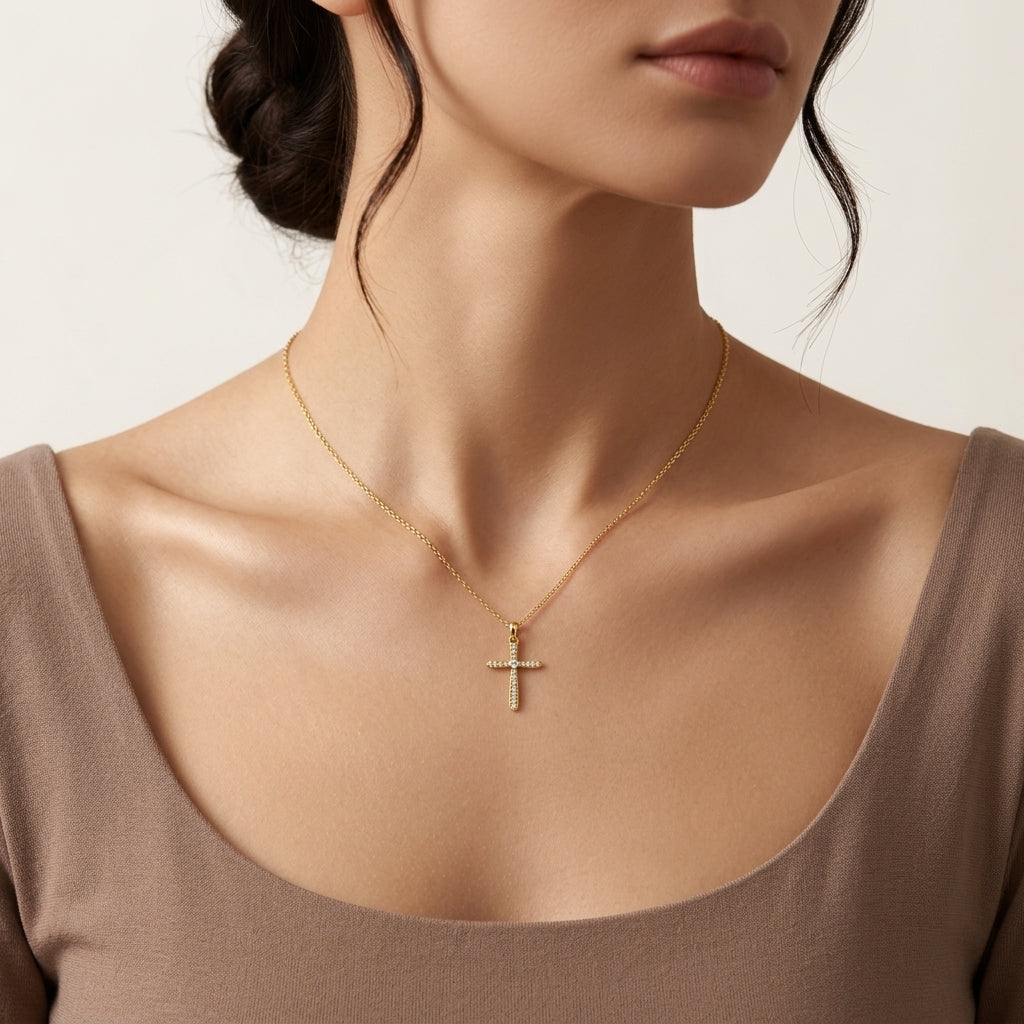 Heritage Cross Diamond Pendant worn by model - Vicenza Miami