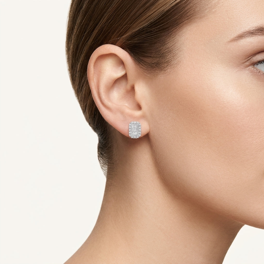 Sapphire Cushion Cluster Earring worn by model - Vicenza Miami
